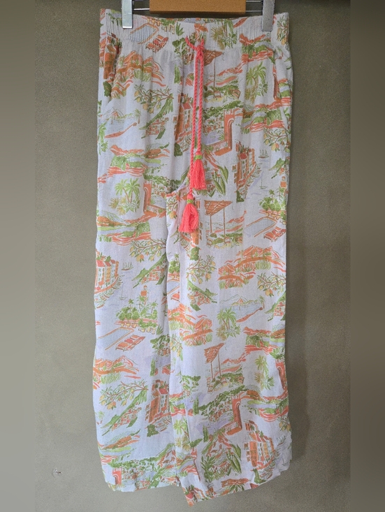 Cynthia Rowley White Wide-Leg Linen Pants with Pink & Green Print - Picture 2 of 11